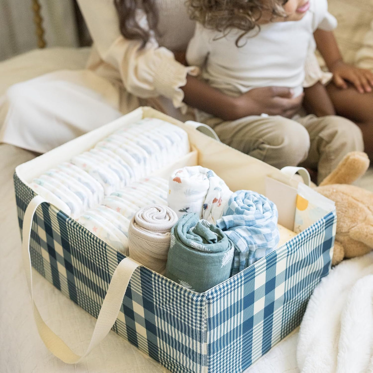 Diaper Caddy Organizer – Foldable Baby Storage Basket with Removable Divider | Waterproof & Mess-Proof Fabric, Portable Nursery Organizer for Newborn Essentials(Toile)