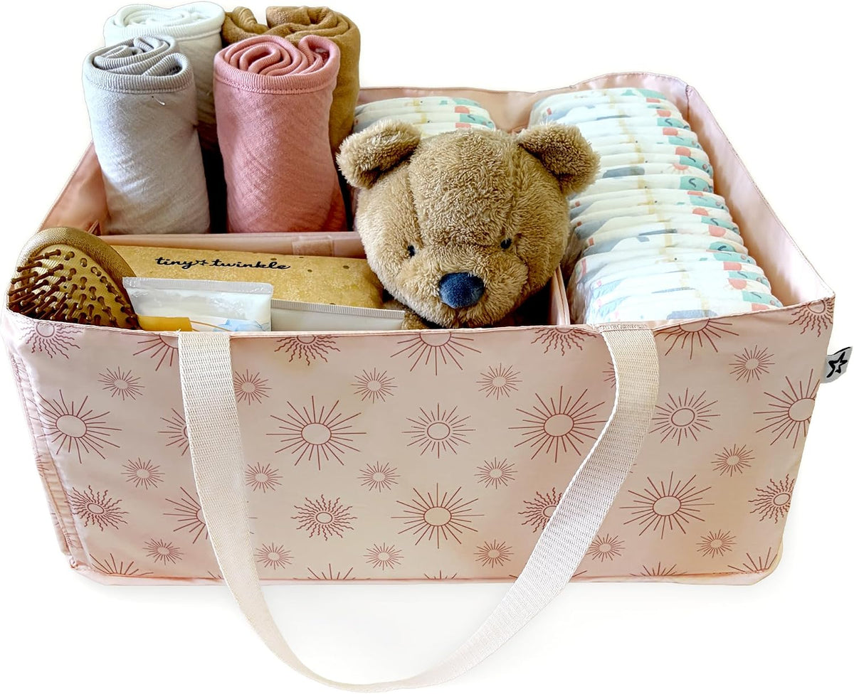 Diaper Caddy Organizer – Foldable Baby Storage Basket with Removable Divider | Waterproof & Mess-Proof Fabric, Portable Nursery Organizer for Newborn Essentials(Toile)