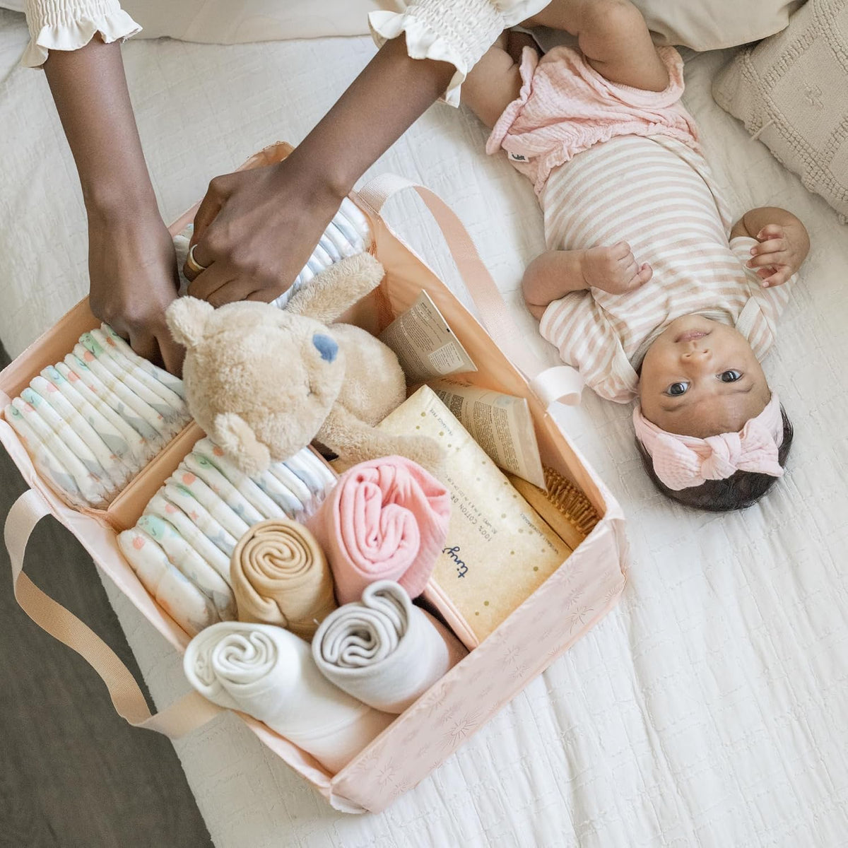 Diaper Caddy Organizer – Foldable Baby Storage Basket with Removable Divider | Waterproof & Mess-Proof Fabric, Portable Nursery Organizer for Newborn Essentials(Toile)
