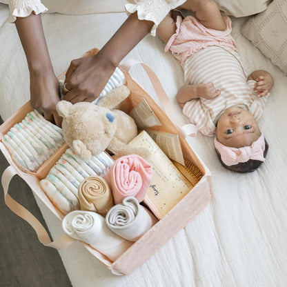 Diaper Caddy Organizer – Foldable Baby Storage Basket with Removable Divider | Waterproof & Mess-Proof Fabric, Portable Nursery Organizer for Newborn Essentials(Toile)