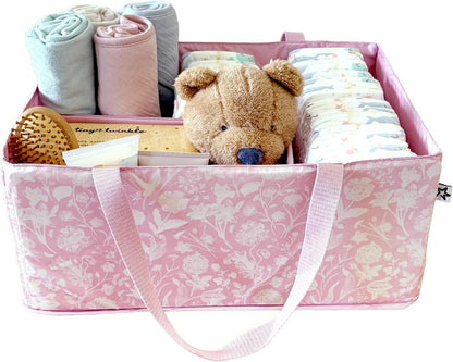 Diaper Caddy Organizer – Foldable Baby Storage Basket with Removable Divider | Waterproof & Mess-Proof Fabric, Portable Nursery Organizer for Newborn Essentials(Toile)