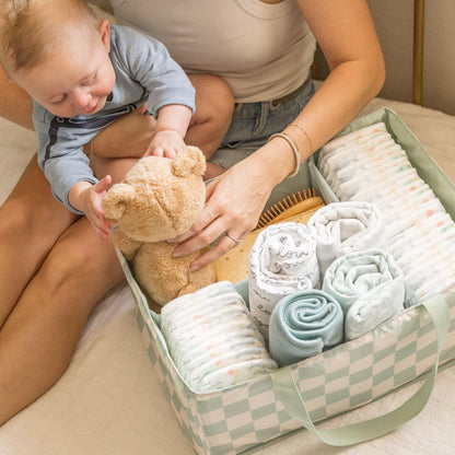 Diaper Caddy Organizer – Foldable Baby Storage Basket with Removable Divider | Waterproof & Mess-Proof Fabric, Portable Nursery Organizer for Newborn Essentials(Toile)