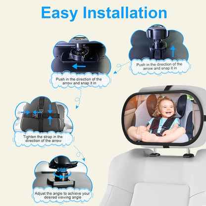 Baby Car Mirror, Safety Car Seat Mirror for Rear Facing Infant, Clear Wide View, 360°Rotation, Easily Observe the Baby Move, Secure, Shatterproof, Crash Tested and Certified (Black)