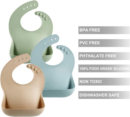Set of 3 Silicone Baby Bibs Waterproof, Soft, Unisex, 10-72 Months