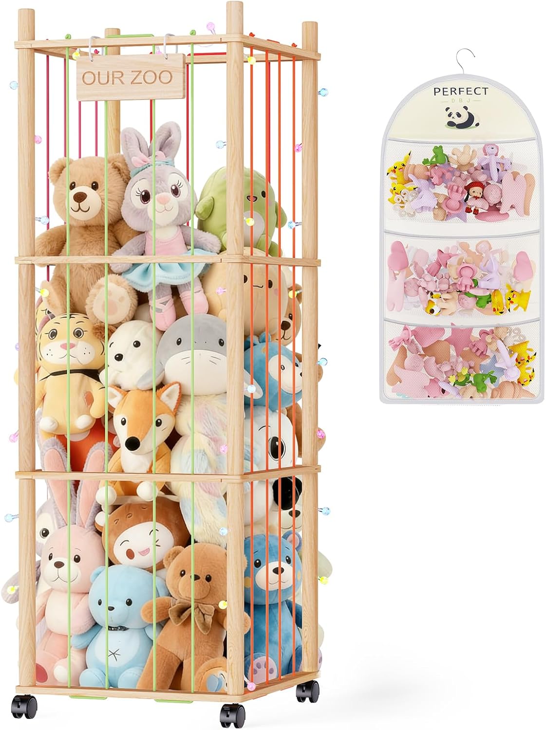 Stuffed Animal Storage & Organizer: Wooden Stuffed Animal Holder - 53.6" Stuffed Animal Zoo with Thicker Bands - Large Capacity Stuffy Storage for Playroom/Living Room/Nursery Room/Bedroom