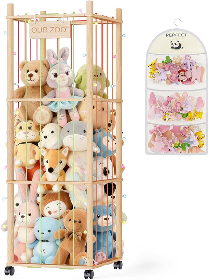 Stuffed Animal Storage & Organizer: Wooden Stuffed Animal Holder - 53.6" Stuffed Animal Zoo with Thicker Bands - Large Capacity Stuffy Storage for Playroom/Living Room/Nursery Room/Bedroom