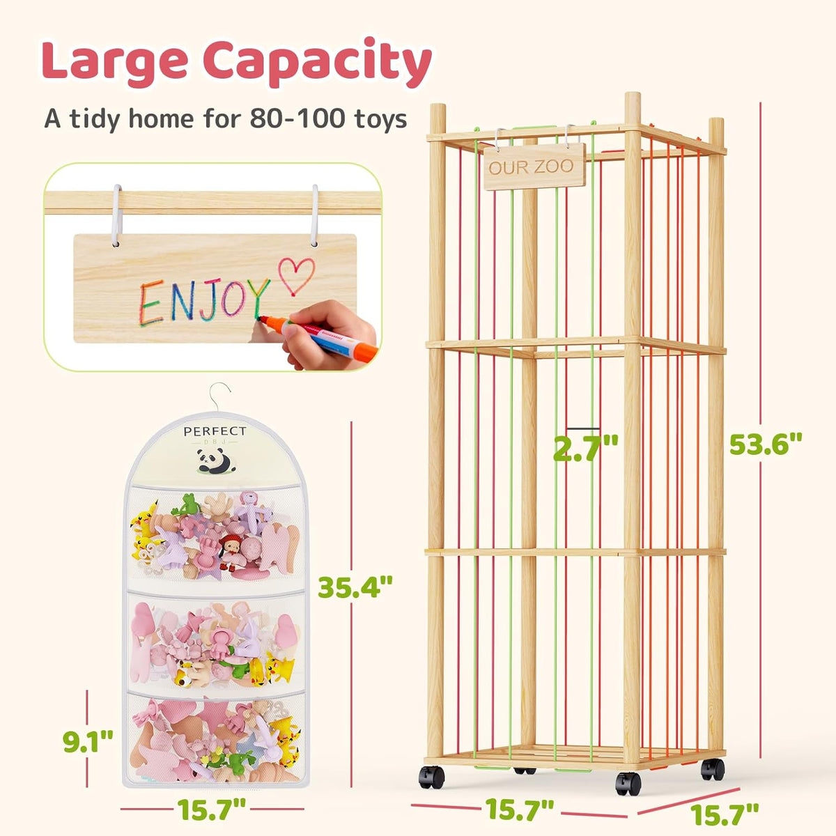 Stuffed Animal Storage & Organizer: Wooden Stuffed Animal Holder - 53.6" Stuffed Animal Zoo with Thicker Bands - Large Capacity Stuffy Storage for Playroom/Living Room/Nursery Room/Bedroom