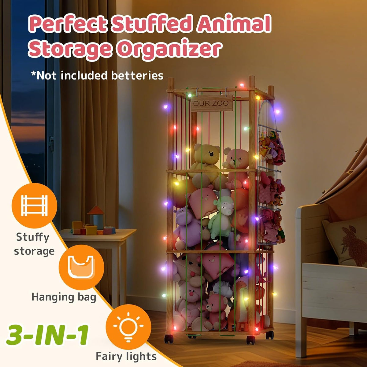 Stuffed Animal Storage & Organizer: Wooden Stuffed Animal Holder - 53.6" Stuffed Animal Zoo with Thicker Bands - Large Capacity Stuffy Storage for Playroom/Living Room/Nursery Room/Bedroom