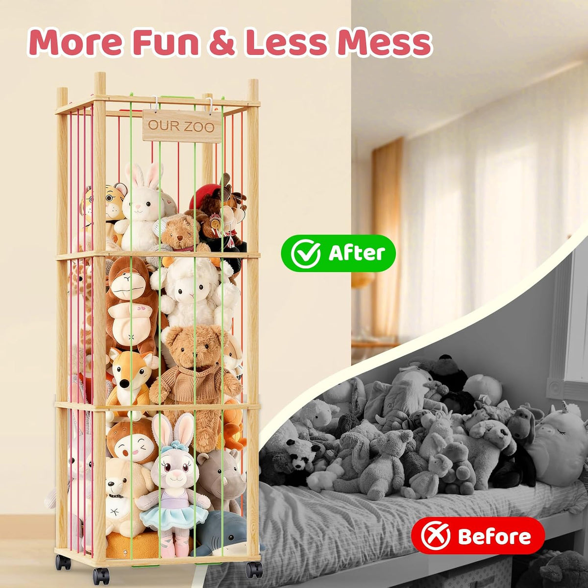 Stuffed Animal Storage & Organizer: Wooden Stuffed Animal Holder - 53.6" Stuffed Animal Zoo with Thicker Bands - Large Capacity Stuffy Storage for Playroom/Living Room/Nursery Room/Bedroom