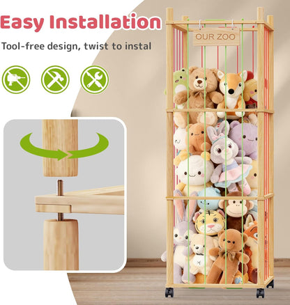Stuffed Animal Storage & Organizer: Wooden Stuffed Animal Holder - 53.6" Stuffed Animal Zoo with Thicker Bands - Large Capacity Stuffy Storage for Playroom/Living Room/Nursery Room/Bedroom