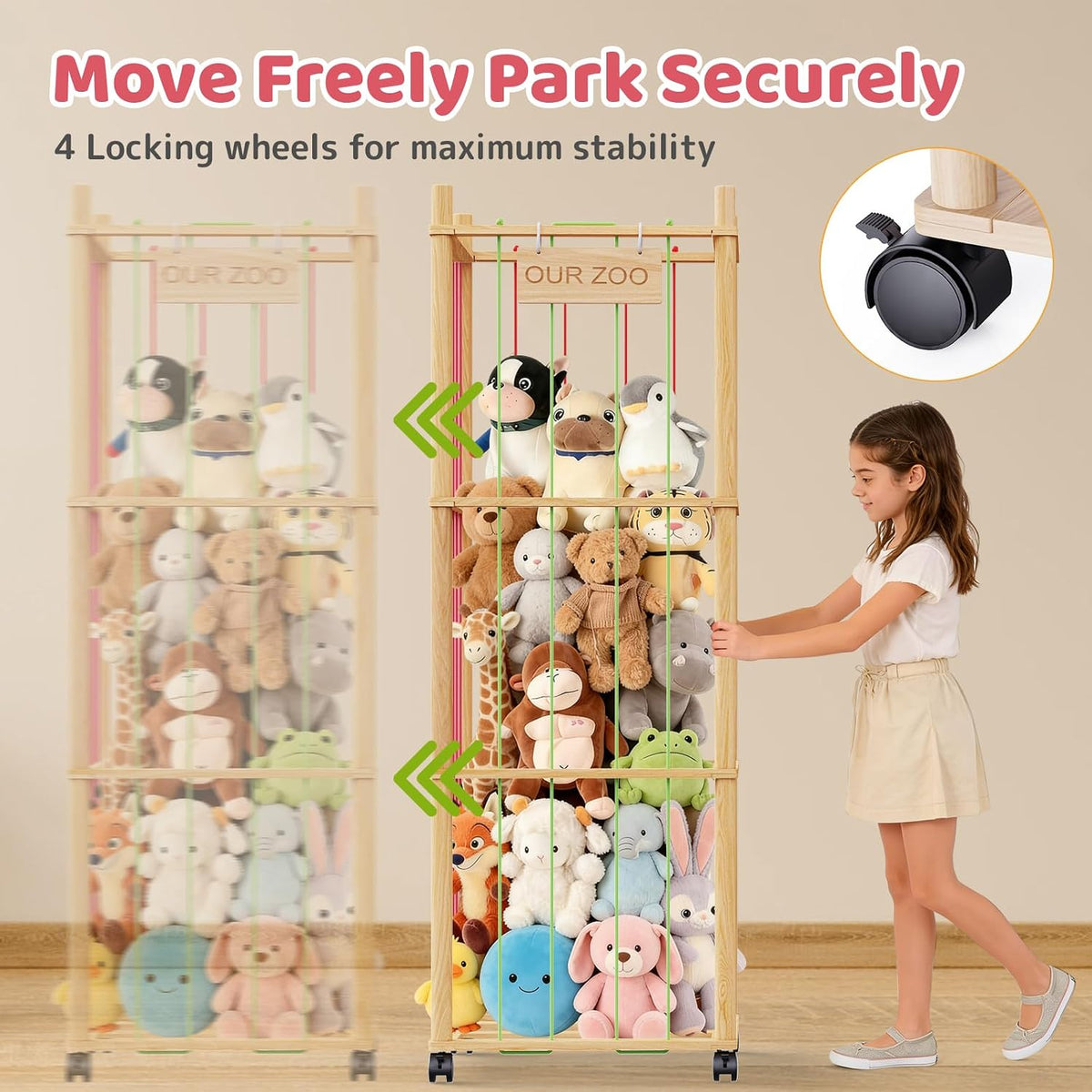 Stuffed Animal Storage & Organizer: Wooden Stuffed Animal Holder - 53.6" Stuffed Animal Zoo with Thicker Bands - Large Capacity Stuffy Storage for Playroom/Living Room/Nursery Room/Bedroom