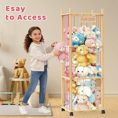 Stuffed Animal Storage & Organizer: Wooden Stuffed Animal Holder - 53.6" Stuffed Animal Zoo with Thicker Bands - Large Capacity Stuffy Storage for Playroom/Living Room/Nursery Room/Bedroom