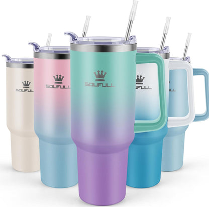 40 oz Tumbler with Handle and Straw Lid, 100% Leak-proof, GreenPurple | Stainless Steel Insulated Travel Coffee Cup, Keeps Cold 34Hrs or Hot 10Hrs, Dishwasher Safe