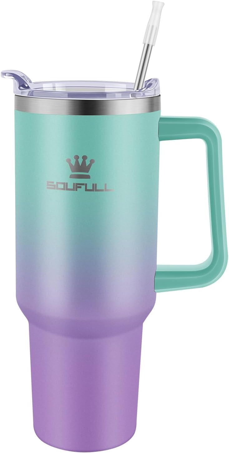 40 oz Tumbler with Handle and Straw Lid, 100% Leak-proof, GreenPurple | Stainless Steel Insulated Travel Coffee Cup, Keeps Cold 34Hrs or Hot 10Hrs, Dishwasher Safe