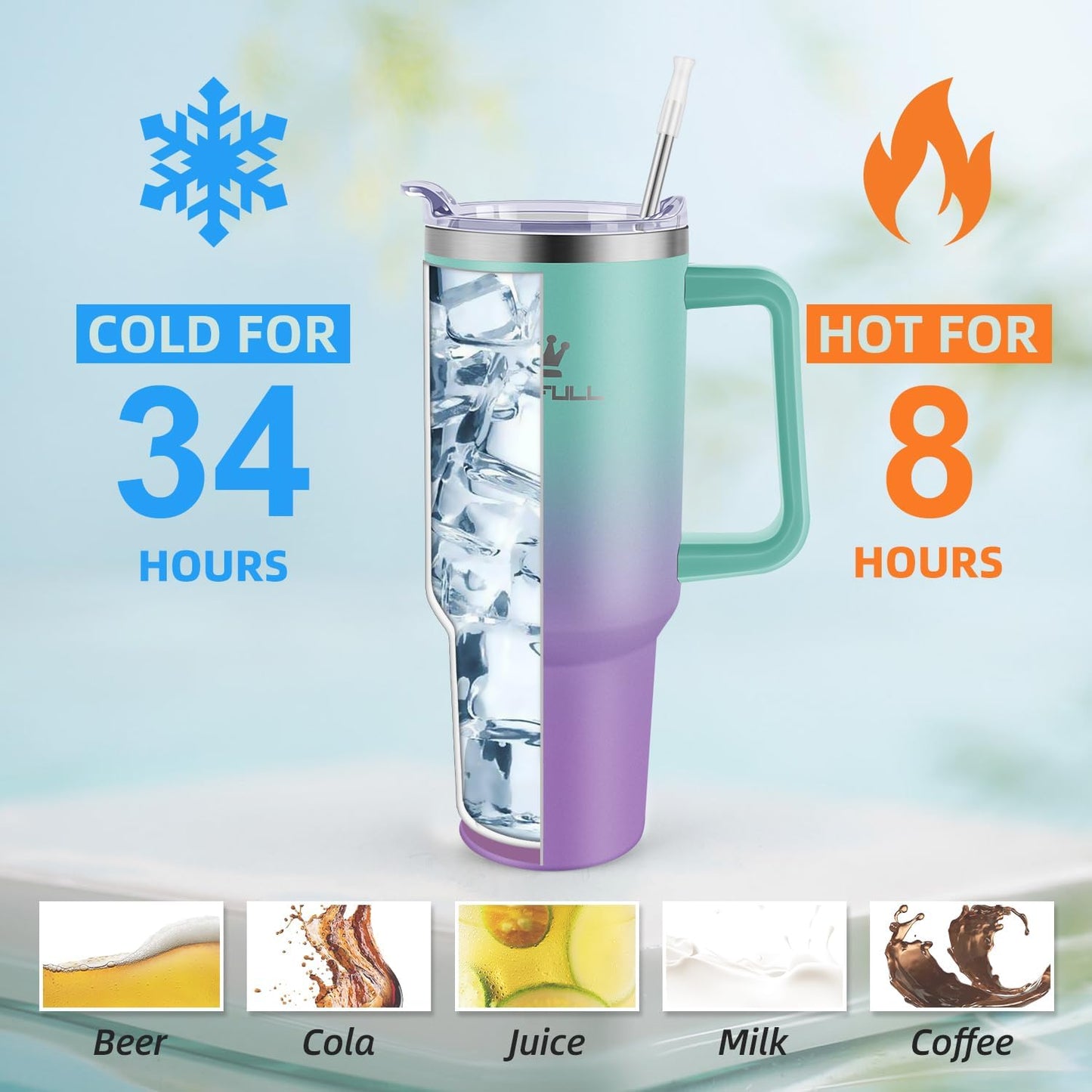 40 oz Tumbler with Handle and Straw Lid, 100% Leak-proof, GreenPurple | Stainless Steel Insulated Travel Coffee Cup, Keeps Cold 34Hrs or Hot 10Hrs, Dishwasher Safe