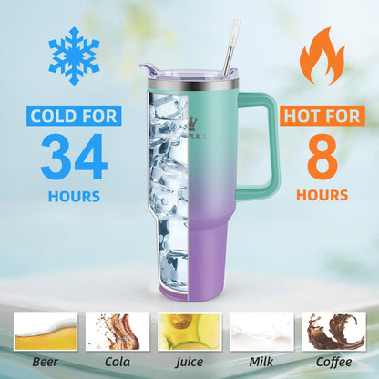 40 oz Tumbler with Handle and Straw Lid, 100% Leak-proof, GreenPurple | Stainless Steel Insulated Travel Coffee Cup, Keeps Cold 34Hrs or Hot 10Hrs, Dishwasher Safe
