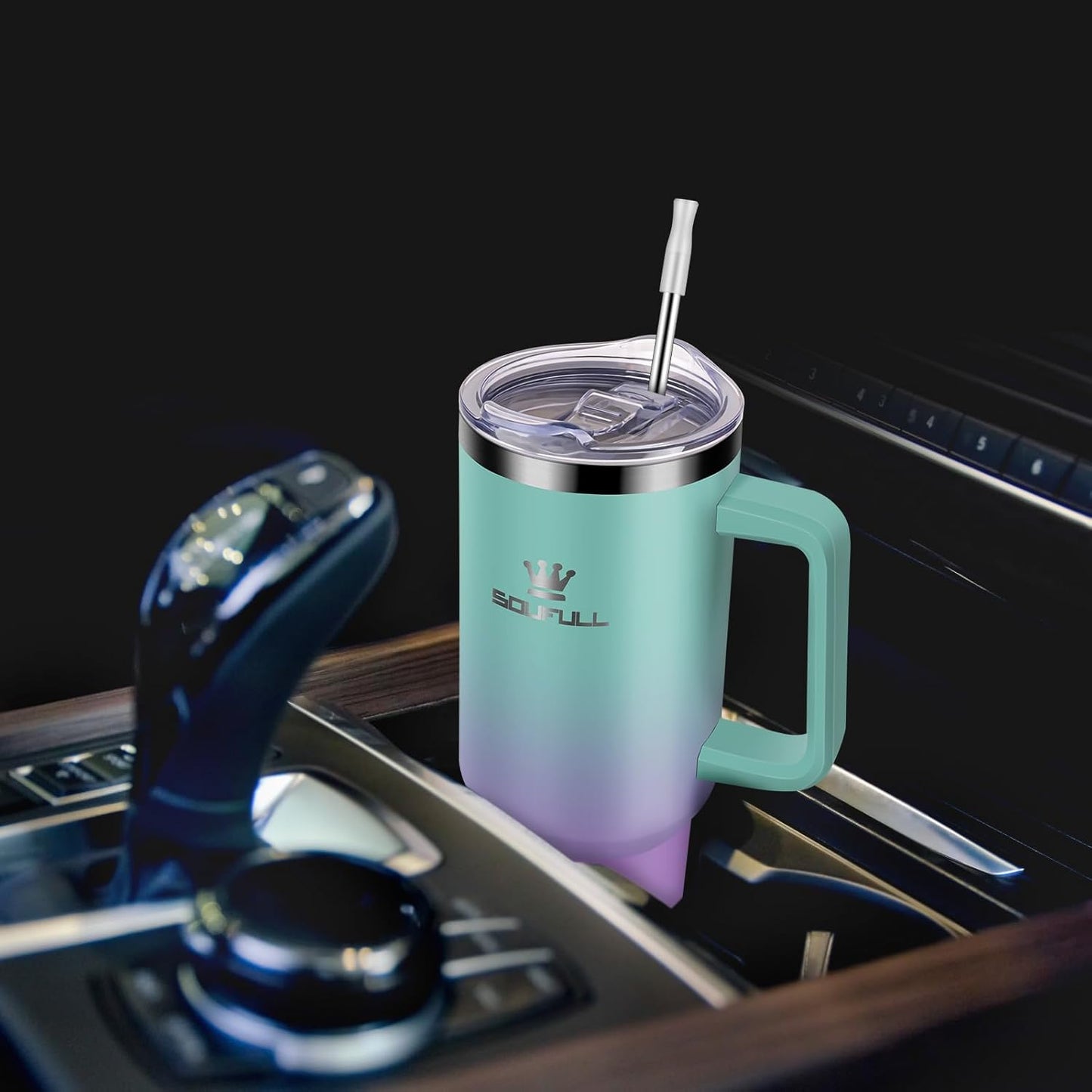 40 oz Tumbler with Handle and Straw Lid, 100% Leak-proof, GreenPurple | Stainless Steel Insulated Travel Coffee Cup, Keeps Cold 34Hrs or Hot 10Hrs, Dishwasher Safe