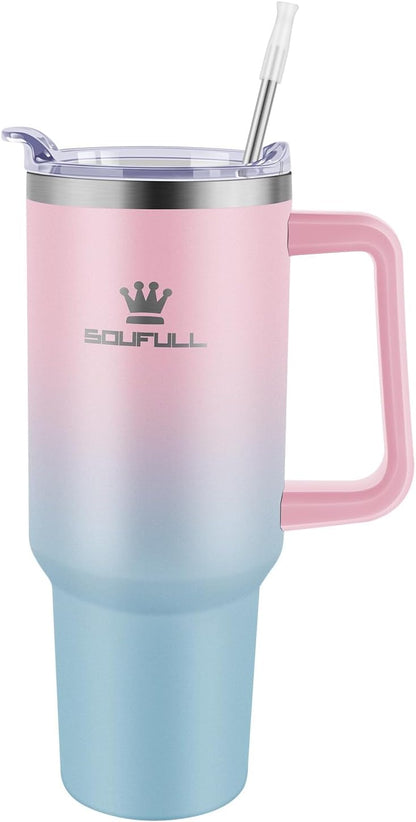 40 oz Tumbler with Handle and Straw Lid, 100% Leak-proof, GreenPurple | Stainless Steel Insulated Travel Coffee Cup, Keeps Cold 34Hrs or Hot 10Hrs, Dishwasher Safe