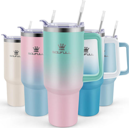 40 oz Tumbler with Handle and Straw Lid, 100% Leak-proof, GreenPurple | Stainless Steel Insulated Travel Coffee Cup, Keeps Cold 34Hrs or Hot 10Hrs, Dishwasher Safe