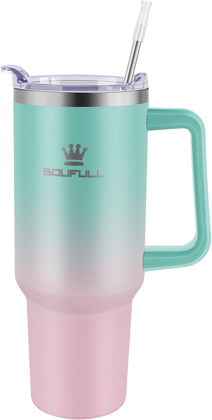 40 oz Tumbler with Handle and Straw Lid, 100% Leak-proof, GreenPurple | Stainless Steel Insulated Travel Coffee Cup, Keeps Cold 34Hrs or Hot 10Hrs, Dishwasher Safe