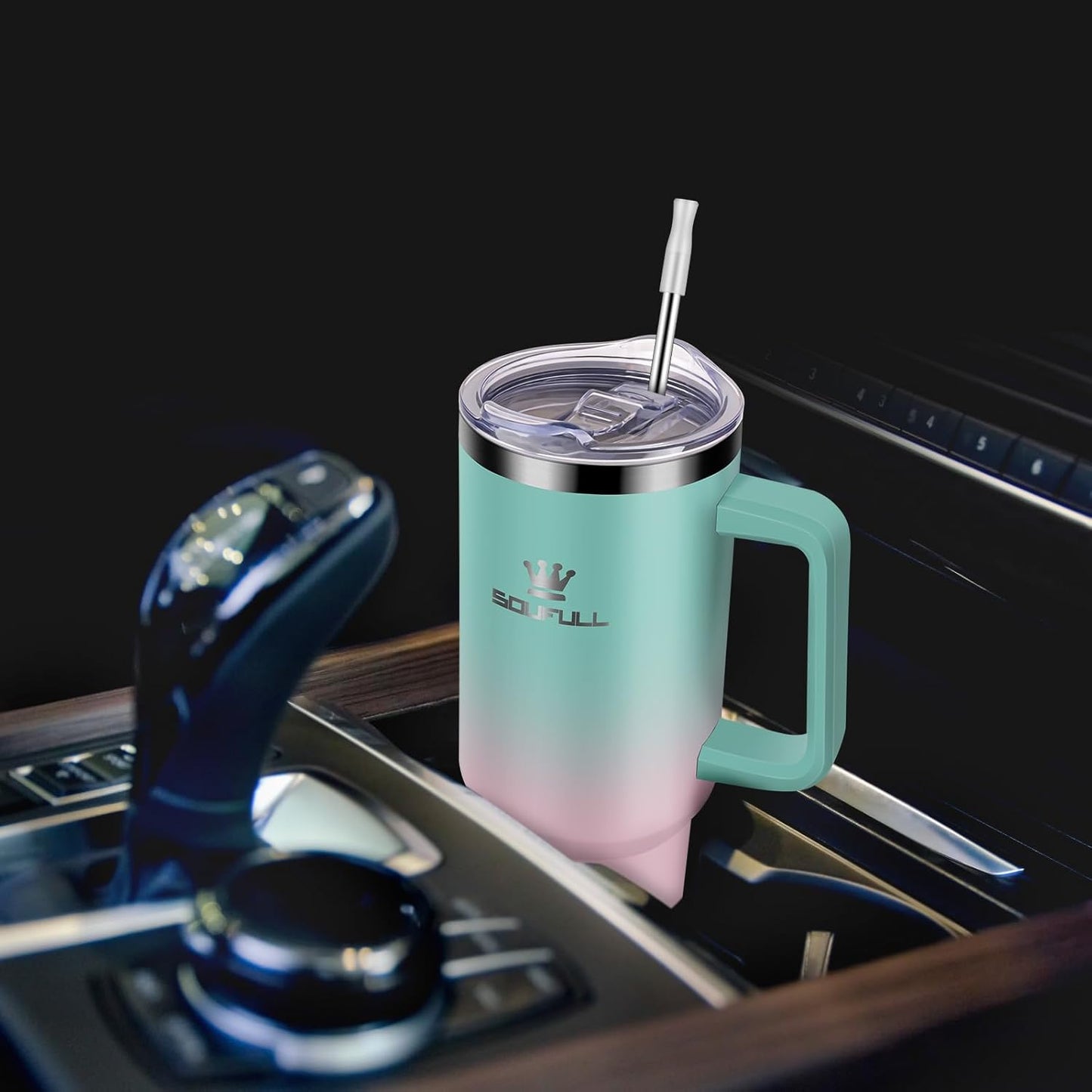 40 oz Tumbler with Handle and Straw Lid, 100% Leak-proof, GreenPurple | Stainless Steel Insulated Travel Coffee Cup, Keeps Cold 34Hrs or Hot 10Hrs, Dishwasher Safe