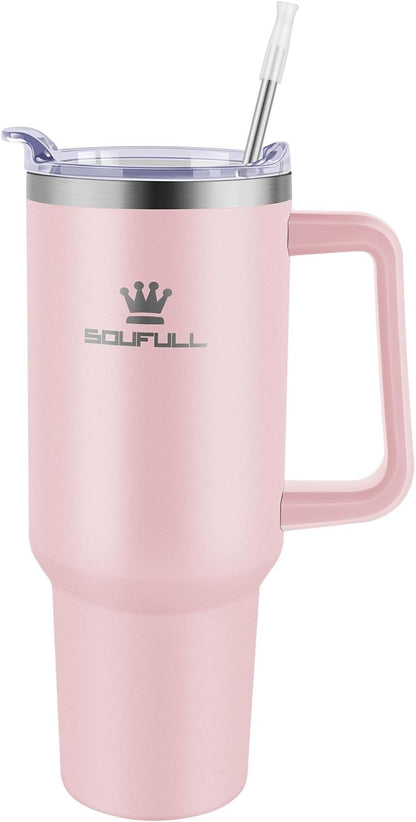 40 oz Tumbler with Handle and Straw Lid, 100% Leak-proof, GreenPurple | Stainless Steel Insulated Travel Coffee Cup, Keeps Cold 34Hrs or Hot 10Hrs, Dishwasher Safe