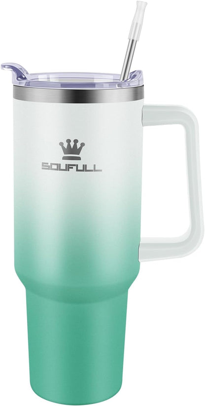 40 oz Tumbler with Handle and Straw Lid, 100% Leak-proof, GreenPurple | Stainless Steel Insulated Travel Coffee Cup, Keeps Cold 34Hrs or Hot 10Hrs, Dishwasher Safe