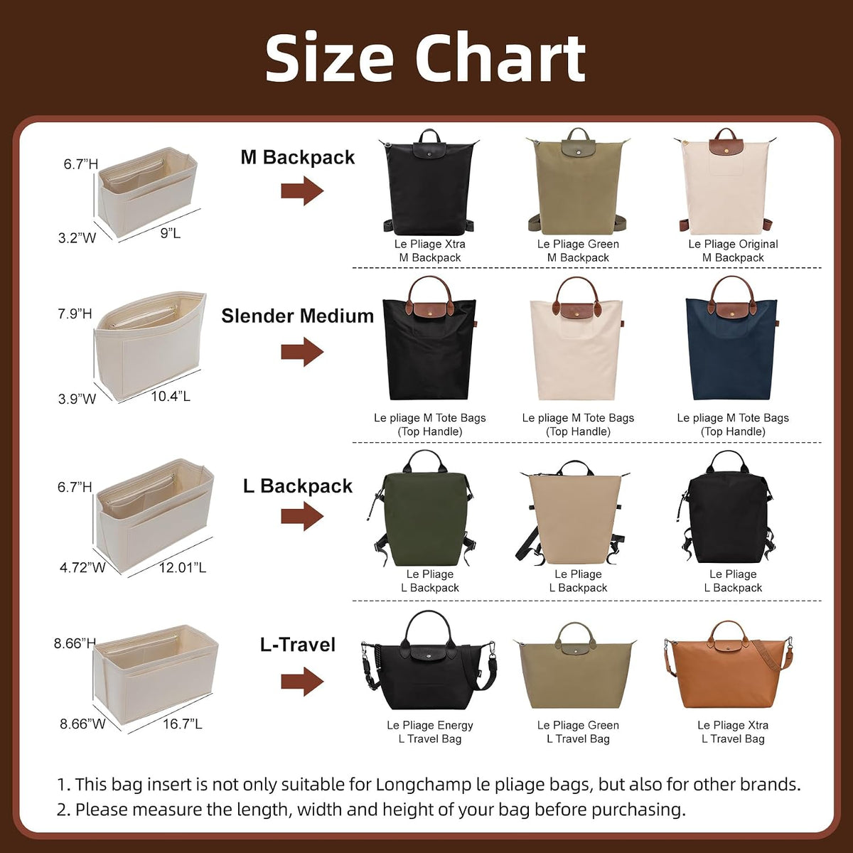 Felt Purse Organizer Insert for Longchamp Le Pliage Large, Beige