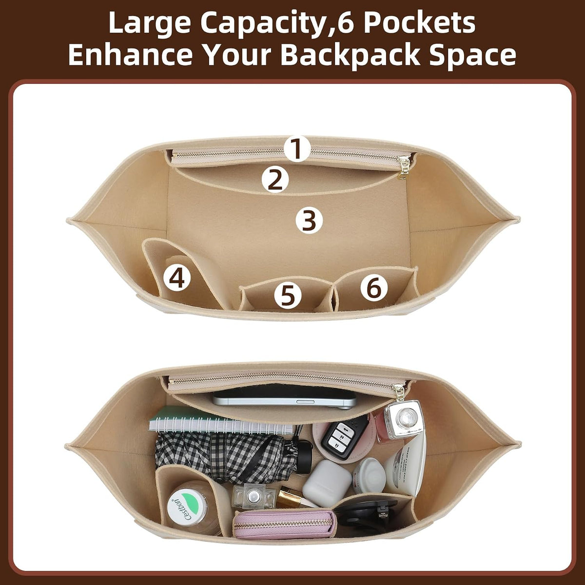 Felt Purse Organizer Insert for Longchamp Le Pliage Large, Beige