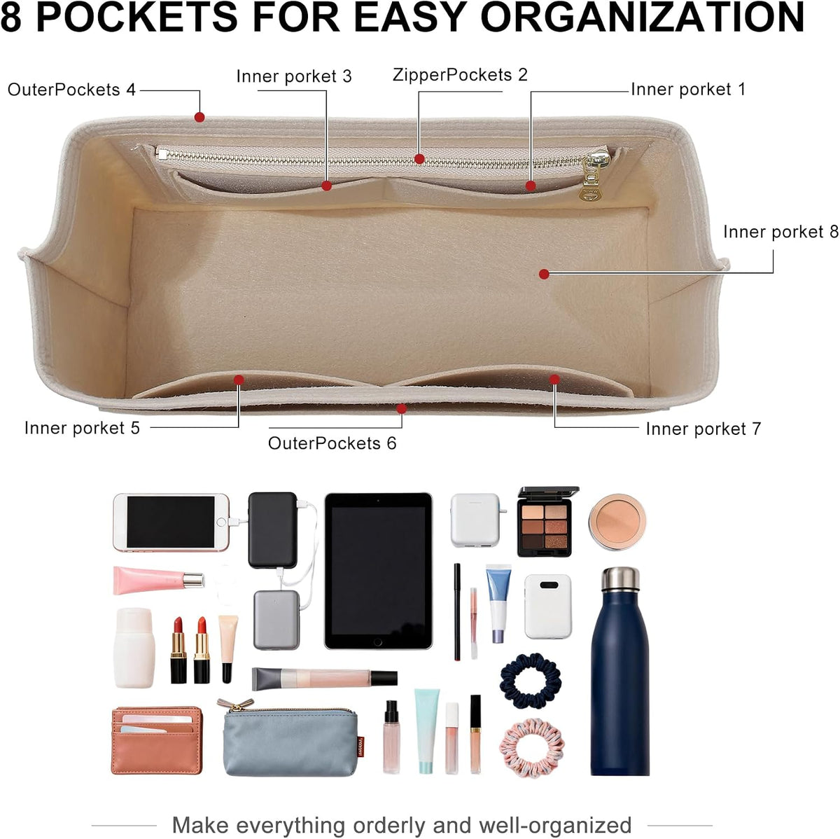 Felt Purse Organizer Insert for Longchamp Le Pliage Large, Beige