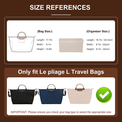 Felt Purse Organizer Insert for Longchamp Le Pliage Large, Beige