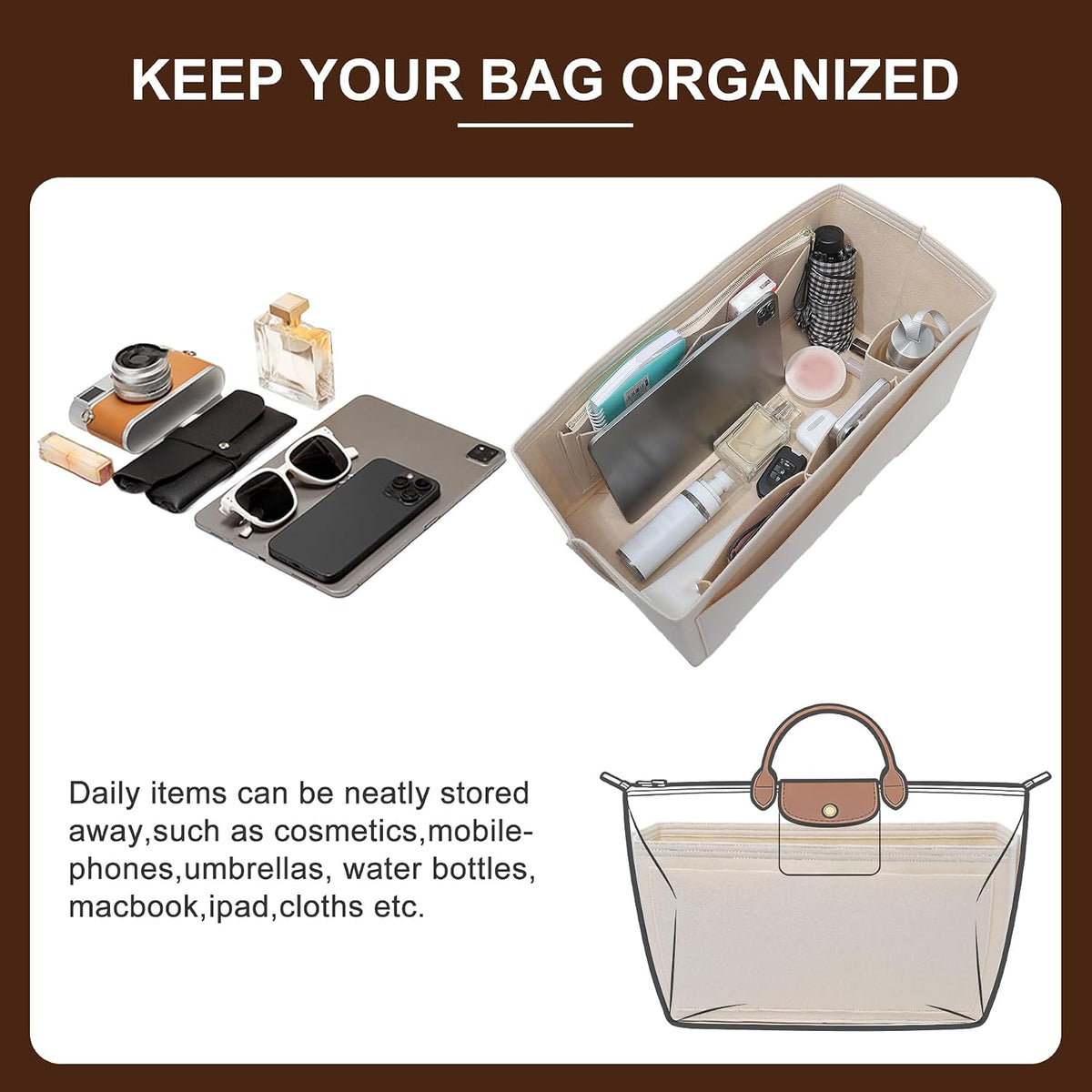Felt Purse Organizer Insert for Longchamp Le Pliage Large, Beige
