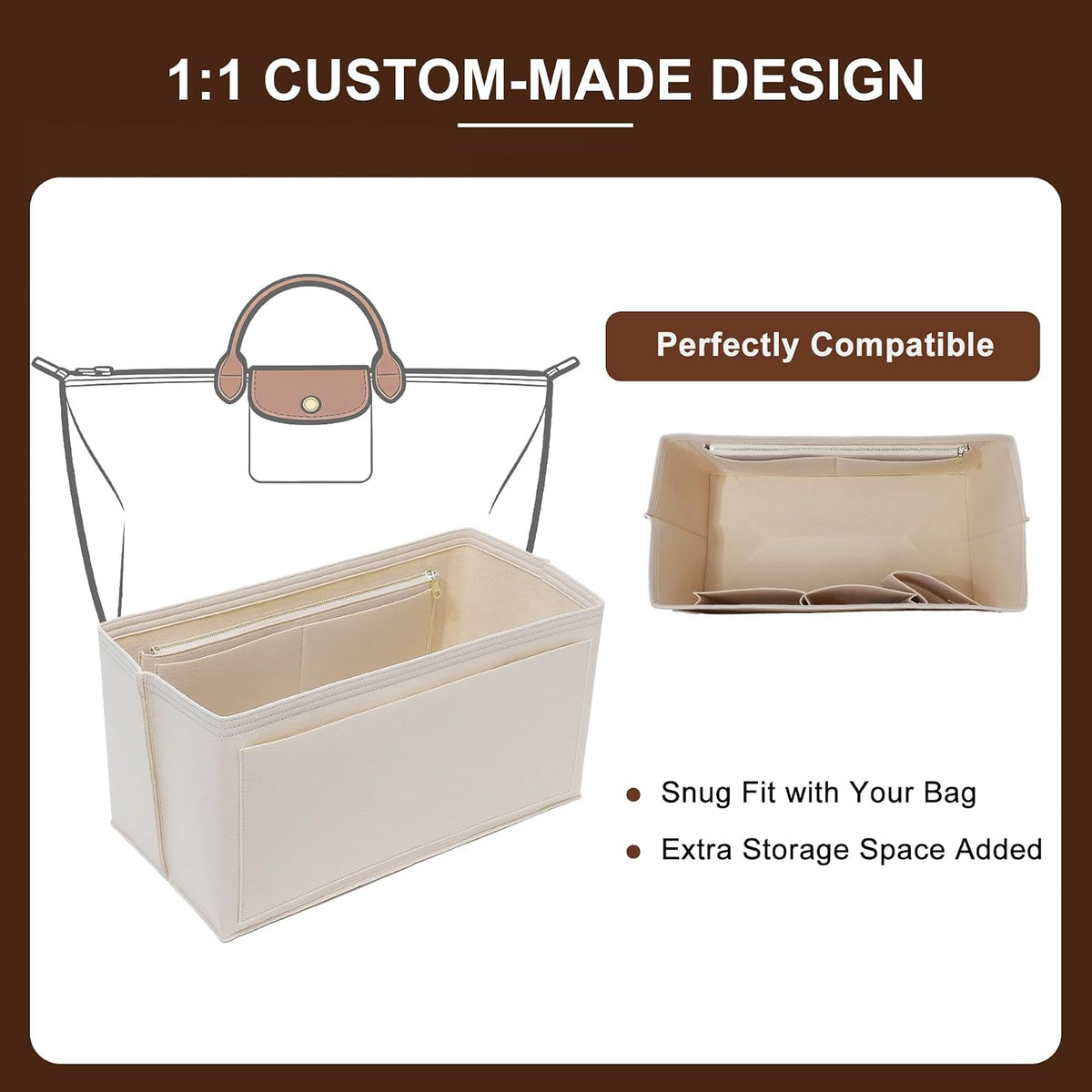 Felt Purse Organizer Insert for Longchamp Le Pliage Large, Beige