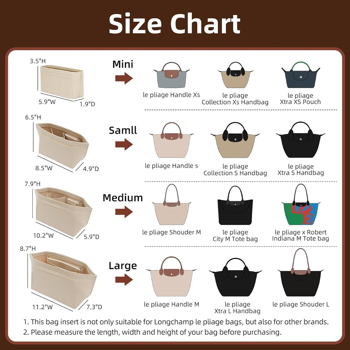 Felt Purse Organizer Insert for Longchamp Le Pliage Large, Beige