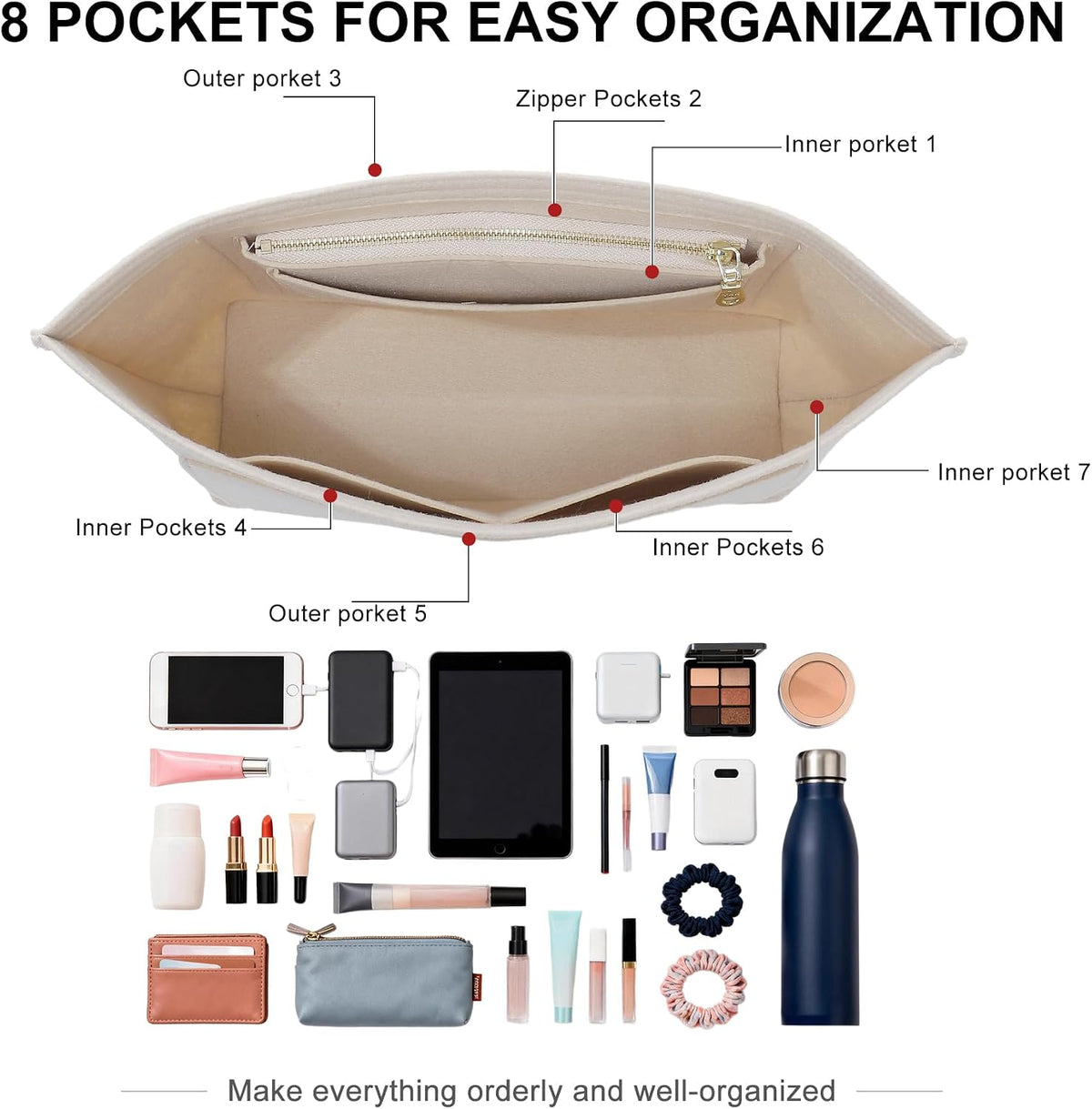 Felt Purse Organizer Insert for Longchamp Le Pliage Large, Beige