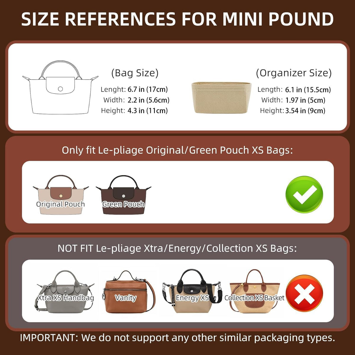 Felt Purse Organizer Insert for Longchamp Le Pliage Large, Beige