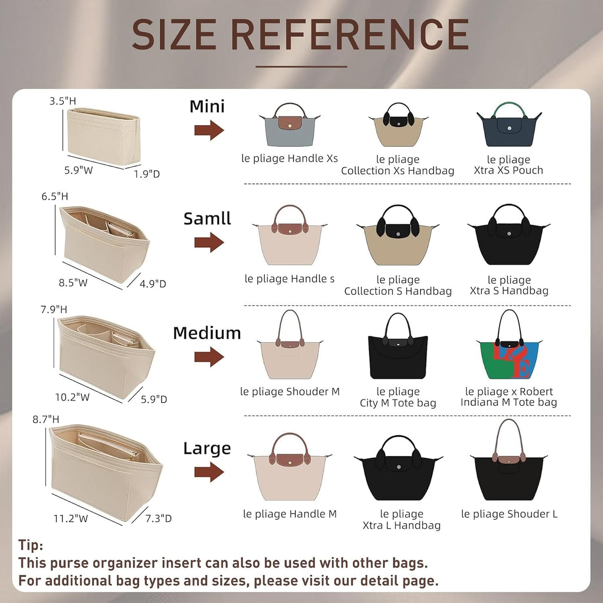 Felt Purse Organizer Insert for Longchamp Le Pliage Large, Beige