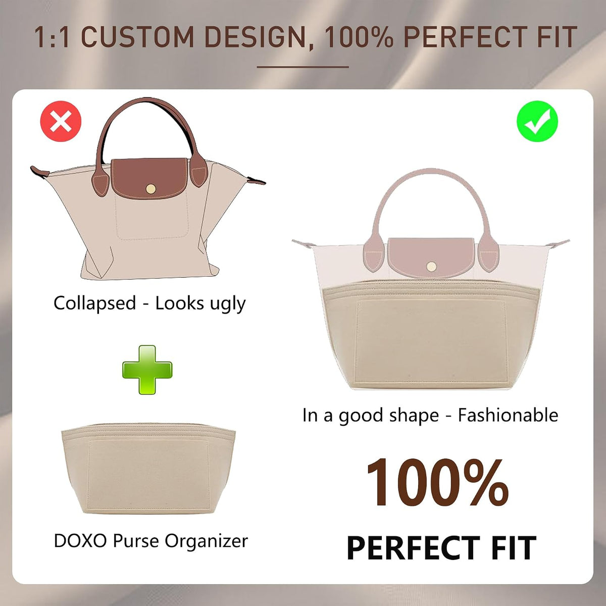 Felt Purse Organizer Insert for Longchamp Le Pliage Large, Beige