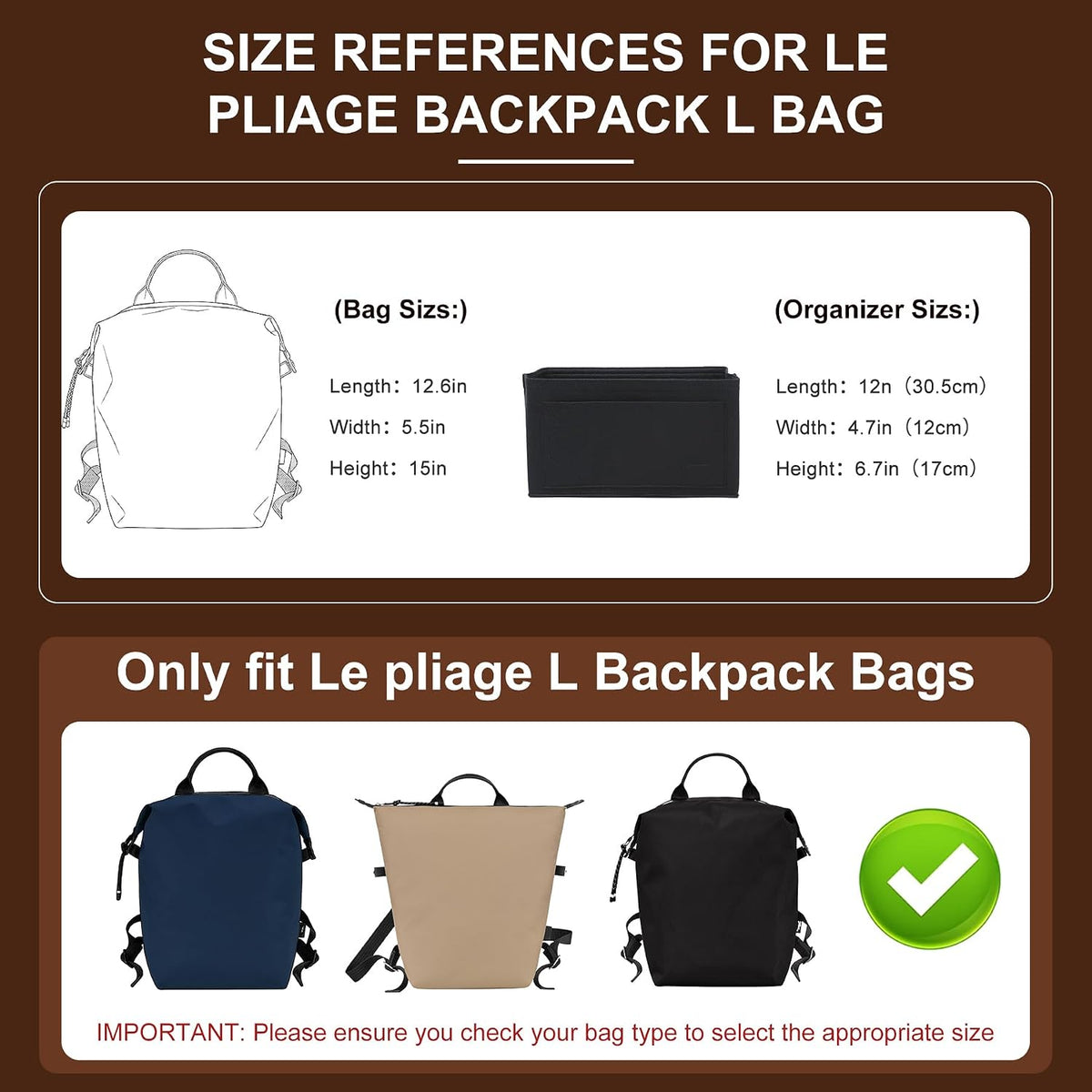 Felt Purse Organizer Insert for Longchamp Le Pliage Large, Beige