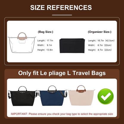 Felt Purse Organizer Insert for Longchamp Le Pliage Large, Beige