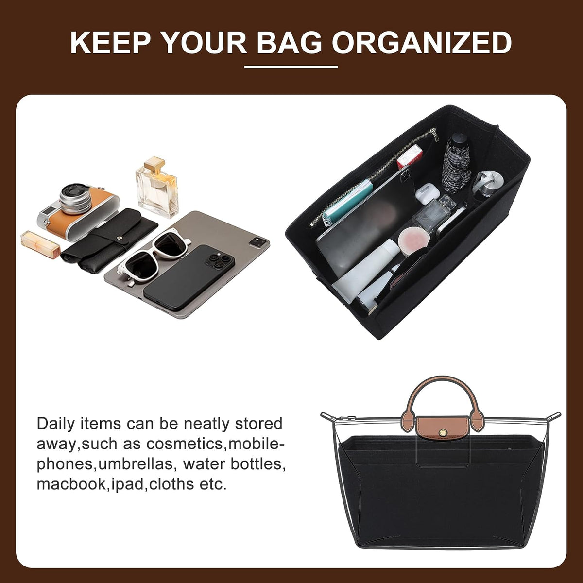 Felt Purse Organizer Insert for Longchamp Le Pliage Large, Beige