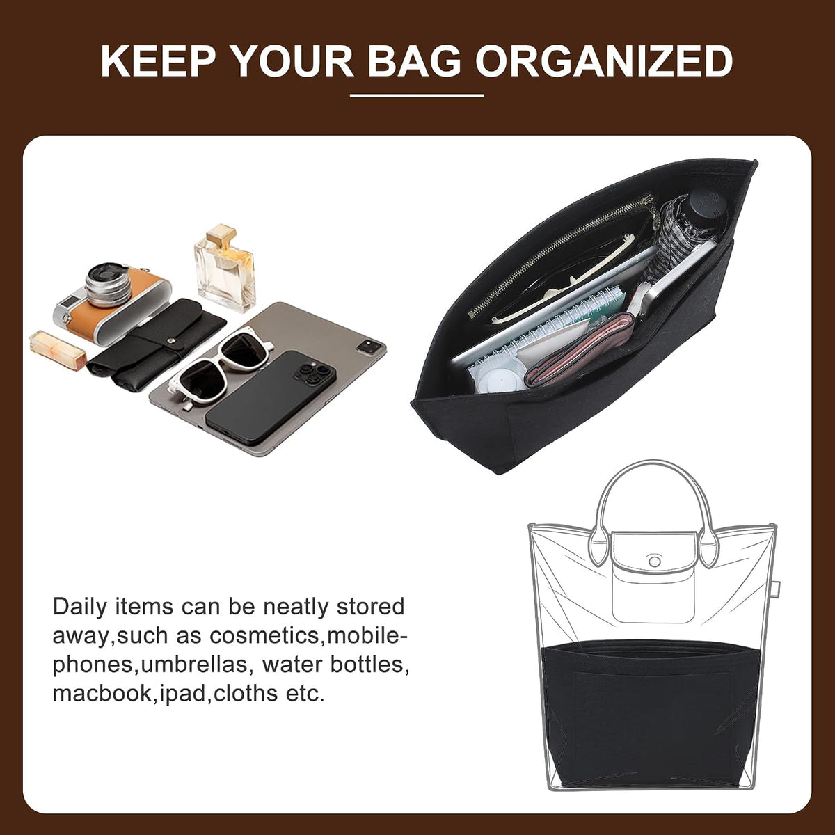Felt Purse Organizer Insert for Longchamp Le Pliage Large, Beige