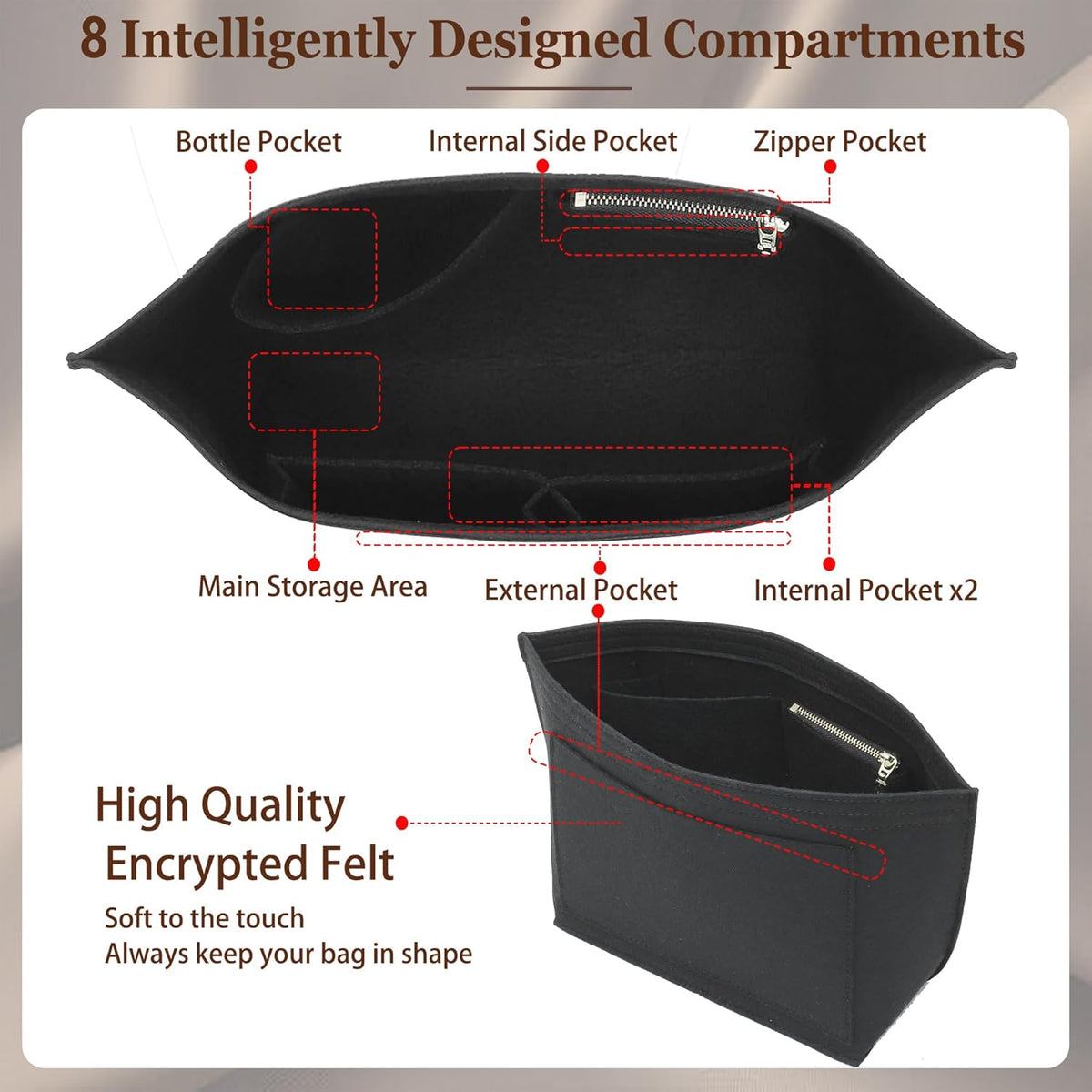 Felt Purse Organizer Insert for Longchamp Le Pliage Large, Beige