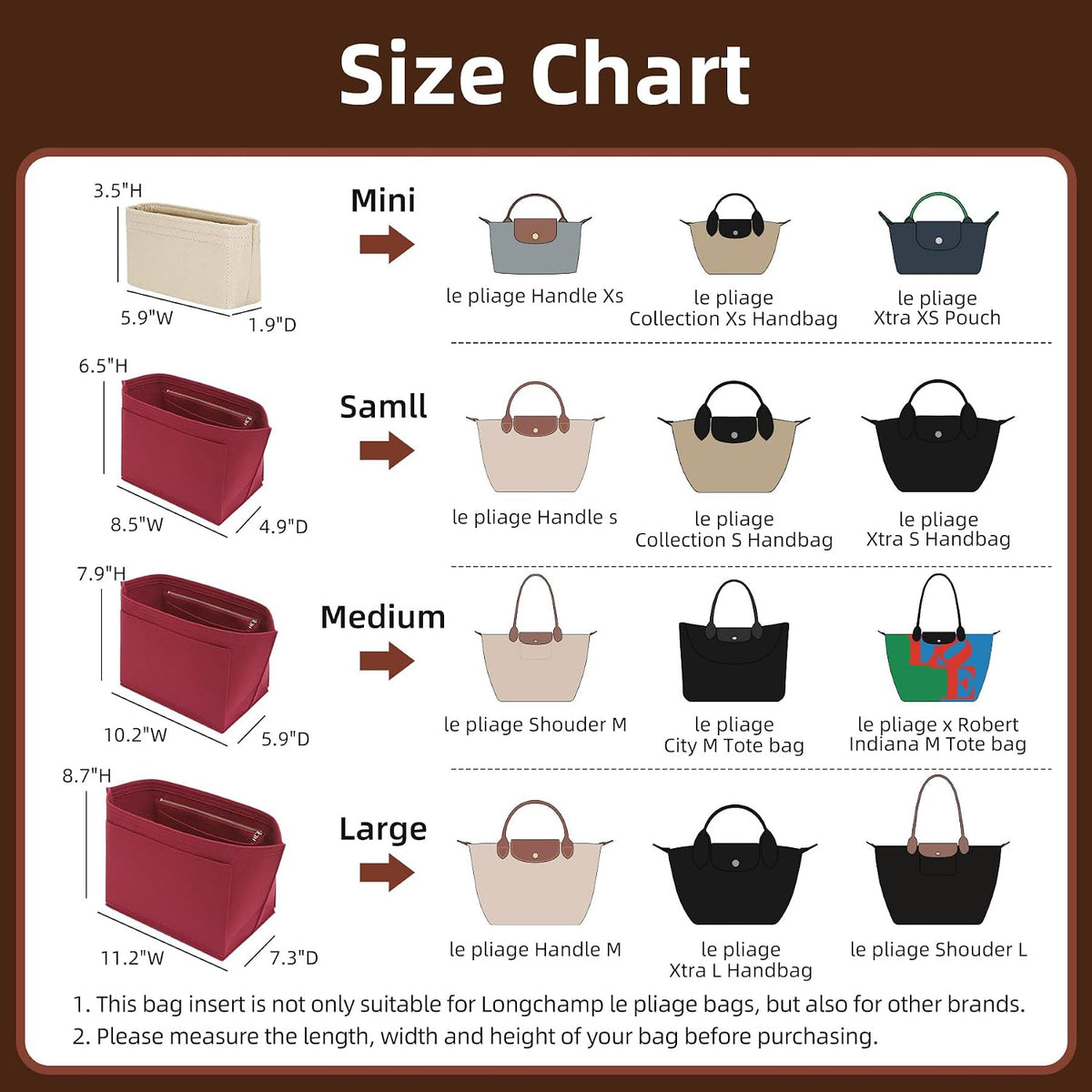 Felt Purse Organizer Insert for Longchamp Le Pliage Large, Beige