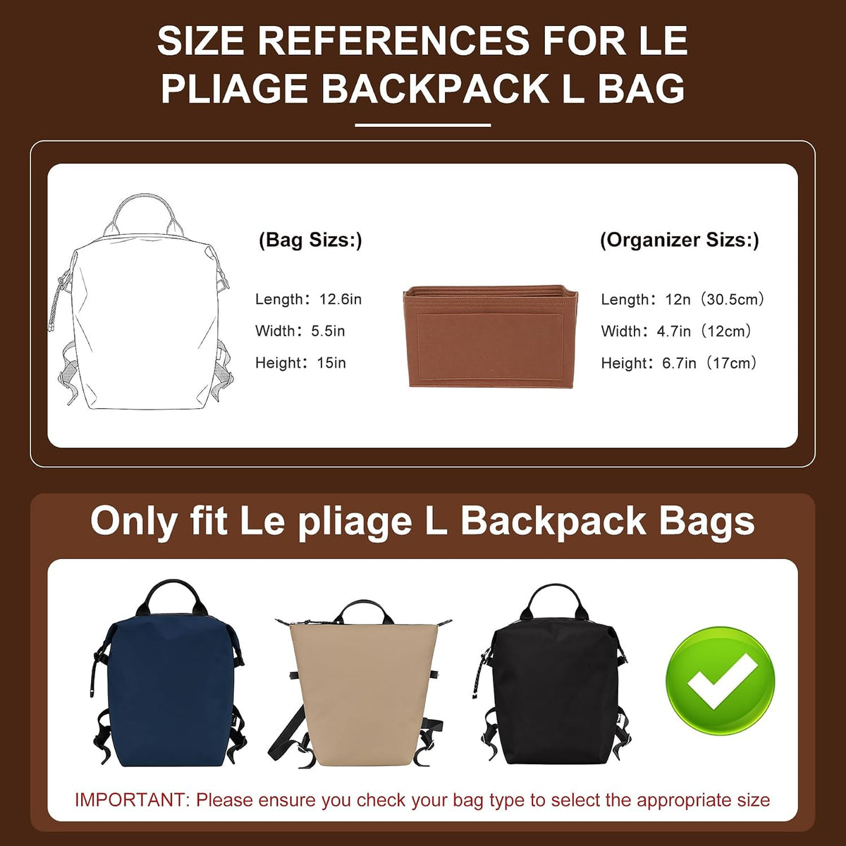Felt Purse Organizer Insert for Longchamp Le Pliage Large, Beige