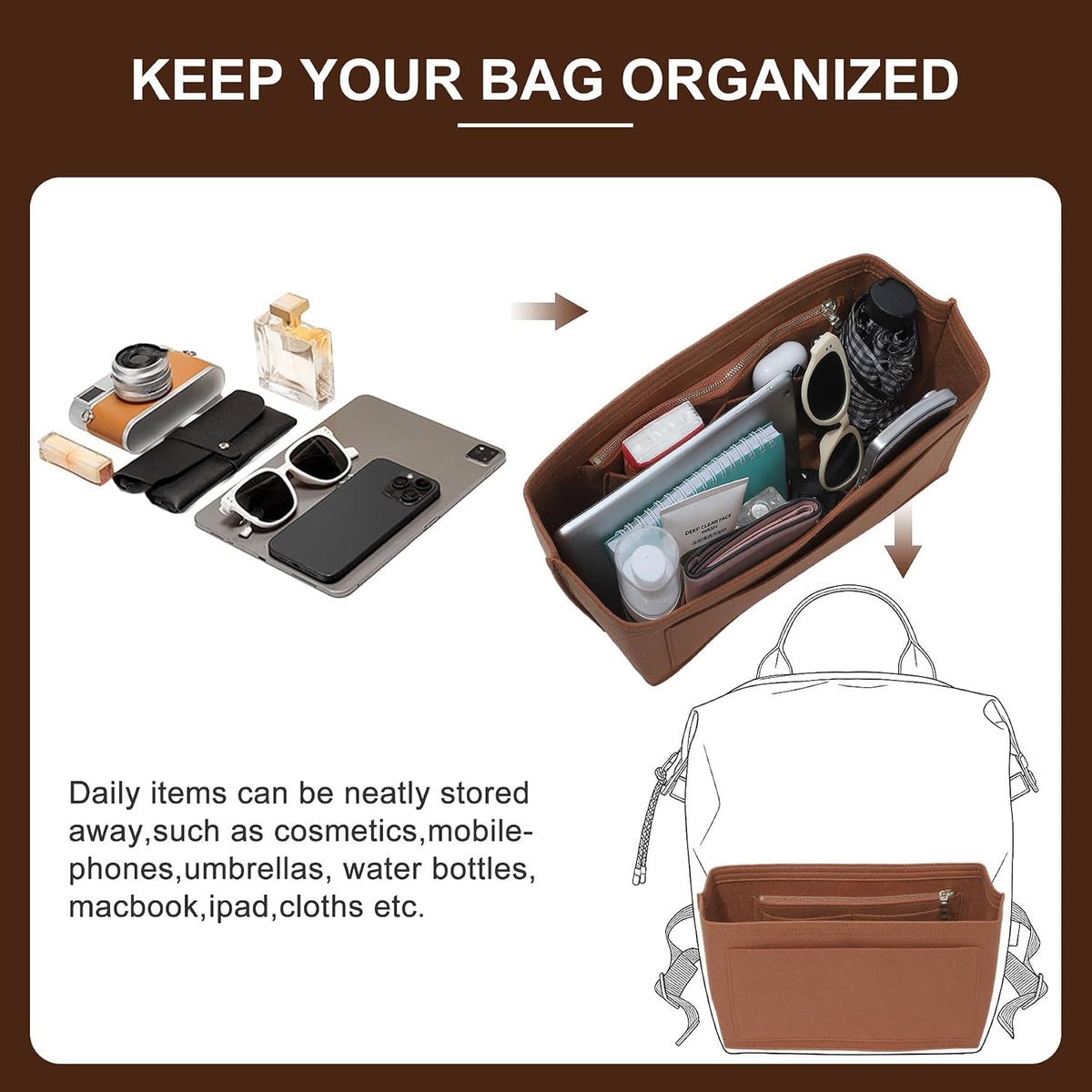 Felt Purse Organizer Insert for Longchamp Le Pliage Large, Beige