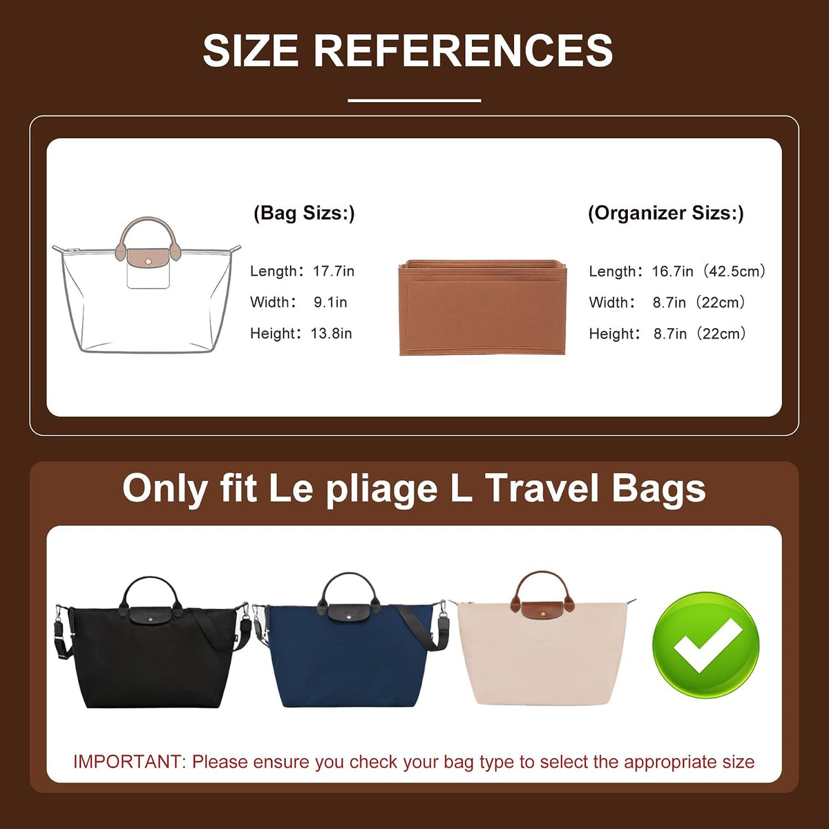 Felt Purse Organizer Insert for Longchamp Le Pliage Large, Beige