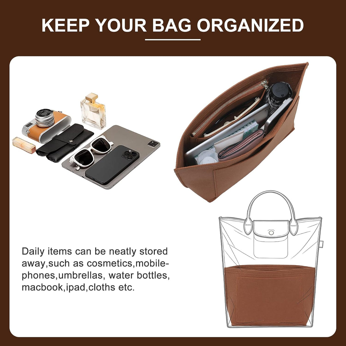 Felt Purse Organizer Insert for Longchamp Le Pliage Large, Beige