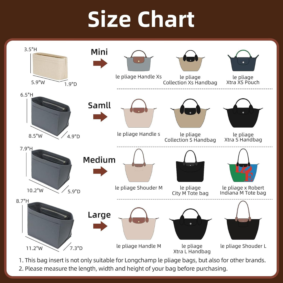 Felt Purse Organizer Insert for Longchamp Le Pliage Large, Beige