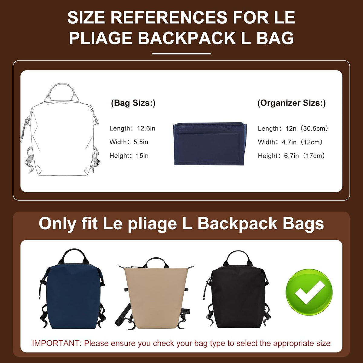 Felt Purse Organizer Insert for Longchamp Le Pliage Large, Beige